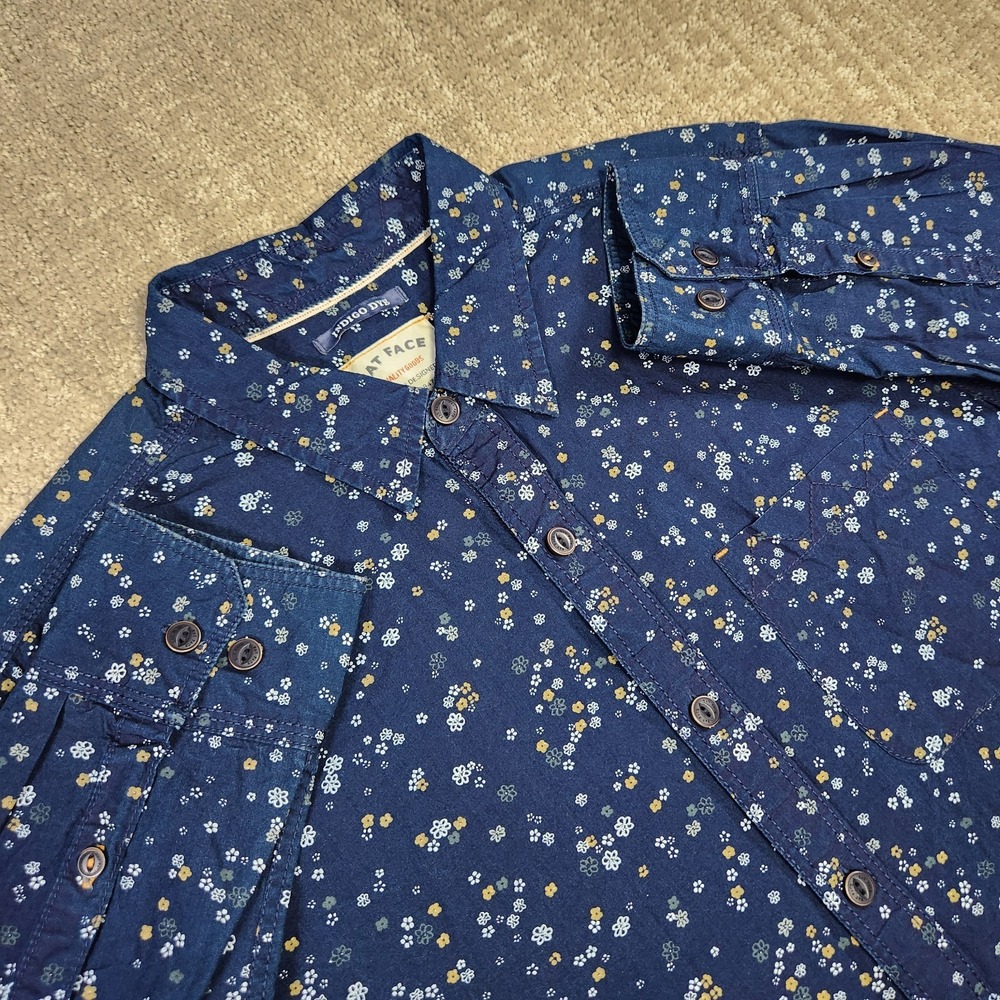 Fat‎ Face Shirt Men Medium Chambray Printed Indigo Dye Blue Button Up